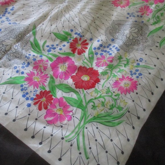 1940s black trim silk floral scarf - Picture 3 of 7